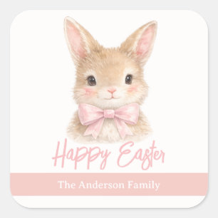 Aquarell-Hase mit rosa Schleife  Süßer Osterhase Quadratischer Aufkleber
