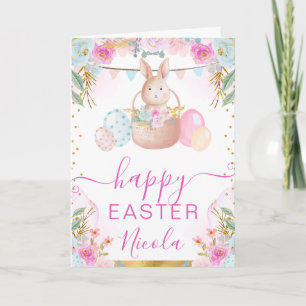 Aquarell-Hase und Blumen Frohe Ostern Karte
