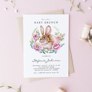 Aquarell-Hase und rosa Blumen Baby-Brunch Einladungspostkarte