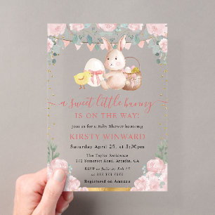 Aquarell-Hase und rosa Blumen Baby Shower Acryleinladungen