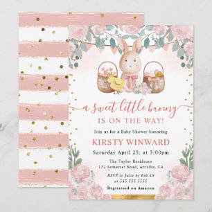 Aquarell-Hase und rosa Blumen Baby Shower Einladung