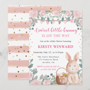 Aquarell-Hase und rosa Blumen Baby Shower Einladung