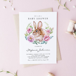 Aquarell-Hase und rosa Blumen Baby Shower Einladungspostkarte