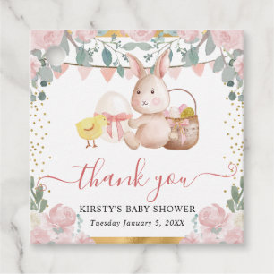 Aquarell-Hase und rosa Blumen Baby Shower Geschenkanhänger