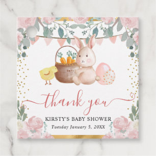 Aquarell-Hase und rosa Blumen Baby Shower Geschenkanhänger