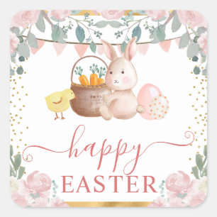 Aquarell-Hase und rosa Blumen Quadratischer Aufkleber