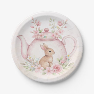 Aquarell-Hasen-Kaninchen-Teekanne-Blumen-Baby-Part Pappteller