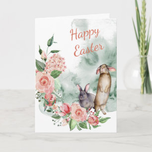 Aquarell-Hasen-Osterkarte mit Blumenmotiven Karte