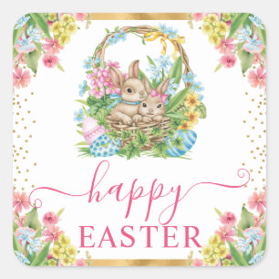 Aquarell-Hasen und Eier-Korb-Blumen-Ostern Quadratischer Aufkleber