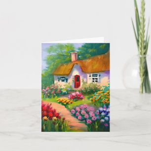 Aquarell-Häuschen und Blumen individuell anpassbar Karte