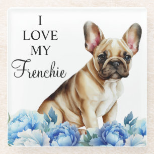 Aquarell-Haustier Französische Bulldogge und blaue Glasuntersetzer