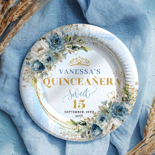Aquarell Hellblau Floral Gold Glitter Party   Pappteller