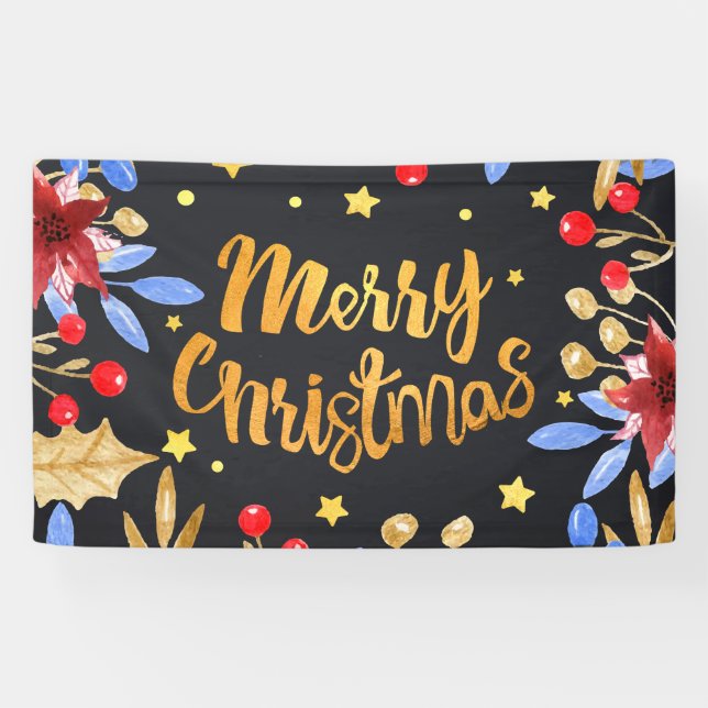 Aquarell-helle goldene frohe mit Blumenweihnachten Banner (Horizontal)