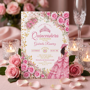 Aquarell Helle Rosa Rosen Goldene Quinceañera Einladung