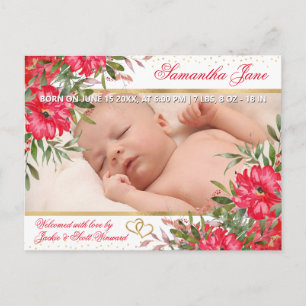Aquarell Helle Rosa Sommerblumen Baby Geburt Ankündigungspostkarte