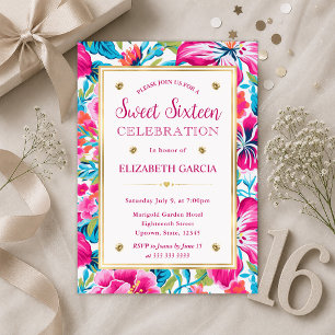 Aquarell Helle Tropische Vornehme Blumen Sweet 16 Einladung