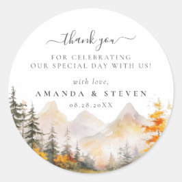 Aquarell Herbst Berg Kiefernwald Hochzeit Runder Aufkleber