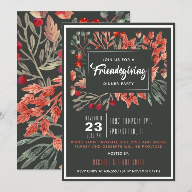 Aquarell-Herbst-Laub Friendsgiving Einladung (Vorne/Hinten)