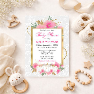 Aquarell Herbst Rosa Floral Kürbis Babyparty Einladung