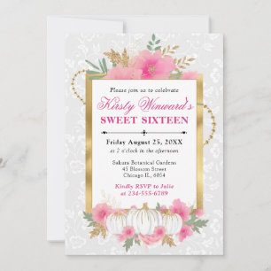 Aquarell Herbst Rosa Floral Kürbis Sweet 16 Einladung