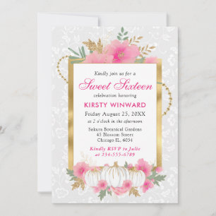 Aquarell Herbst Rosa Gold Blumen Kürbis Sweet 16 Einladung