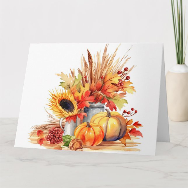 Aquarell Herbst Sonnenblumen & Kürbispflanzen Karte (Vorderseite)
