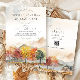 Aquarell Herbstbäume Berg Herbst Boho Hochzeit Einladung