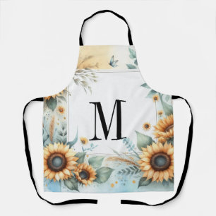 Aquarell Herbstblumen und Sonnenblumen mit Monogra Schürze