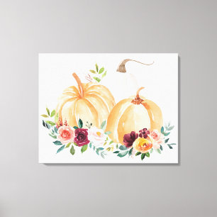 Aquarell Herbstkürbisse und Boho-Blumen Leinwanddruck