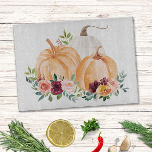 Aquarell Herbstkürbisse und Boho-Blumen Schneidebrett