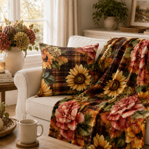 Aquarell-Herbstsonnenblumen & Floral-Karo Fleecedecke