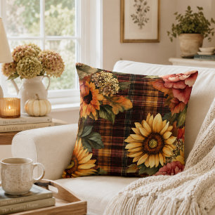 Aquarell Herbstsonnenblumen & Floral Karo Kissen