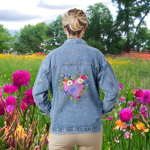 Aquarell-Herz und Blumen  Jeansjacke