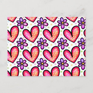 Aquarell-Herzen und Blumen Valentinsmuster Postkarte
