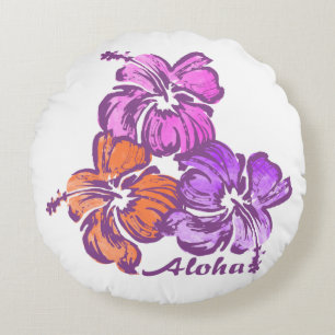 Aquarell-Hibiskus-Hawaiianisches-Blumenmuster-Reve Rundes Kissen