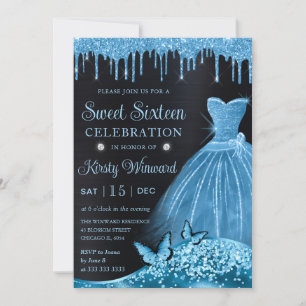 Aquarell Himmelblau Glitzer Kleid Sweet Sixteen Einladung