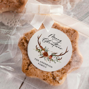 Aquarell-Hirsch-Blumen-Frohe-Weihnachten Runder Aufkleber