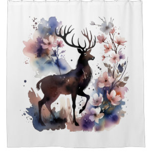 Aquarell-Hirsch & Blumenvorhang für die Dusche, Pa Duschvorhang