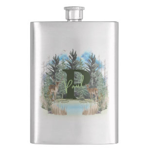 Aquarell-Hirsch personalisierter Monogramm-Buchsta Flachmann