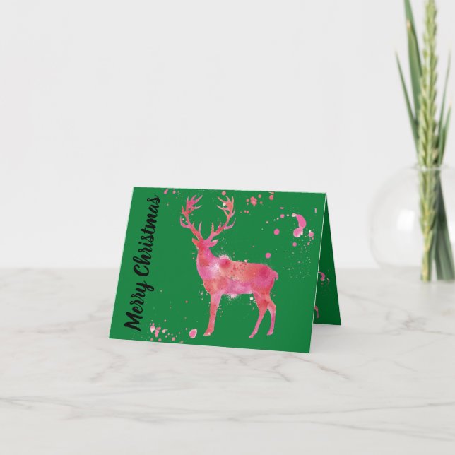 Aquarell Hirsch, rosa orange grün Frohe Weihnachte Karte (Vorderseite)