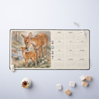 Aquarell-Hirsch und Hirschkalb 2027 Kalender Schreibtischunterlage