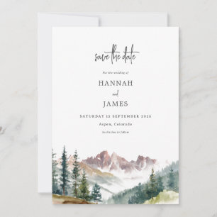 Aquarell-Hochzeitsmotiv mit rustikaler Bergkulisse Save The Date