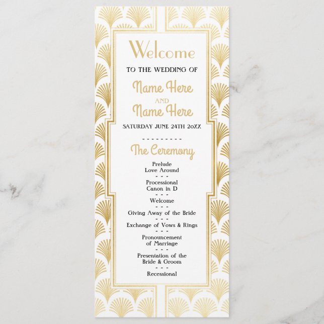 Aquarell-Hochzeitsprogramm, Art Deco Gold aus den  Programm (Vorderseite)