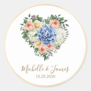 Aquarell Hortensien-Rosen-Blumen-Hochzeit Gold Runder Aufkleber