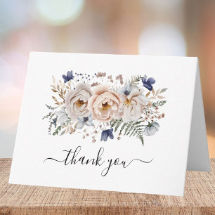 Aquarell Hübsche Beige Blaue Blumen Floral Gefalte Dankeskarte