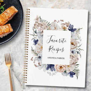 Aquarell Hübsche Beige Blaue Blumen Florales Rezep Notizbuch