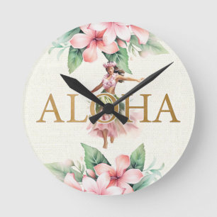 Aquarell Hula Mädchen Aloha Auf Insel Zeit Hawaii Runde Wanduhr