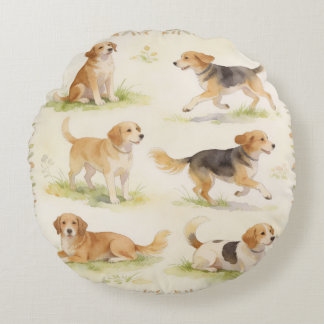 Aquarell-Hund-Blumenquartett Rundes Kissen