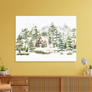 Aquarell-Hütte im grünen Kiefernwald Leinwanddruck