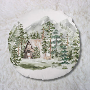 Aquarell-Hütte im grünen Kiefernwald Rundes Kissen